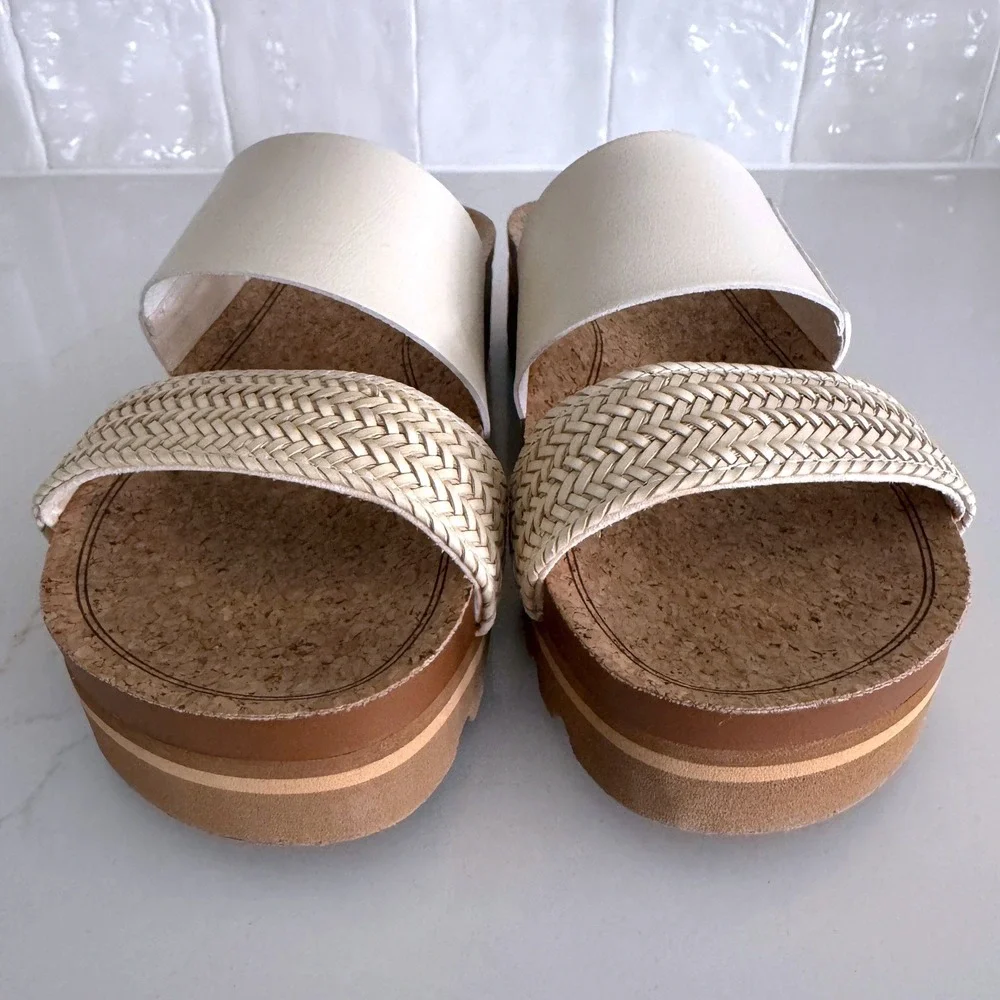 Reef Cushion Vista Hi Sandals Women 6 Cream Woven Cork Platform Slide Wedge